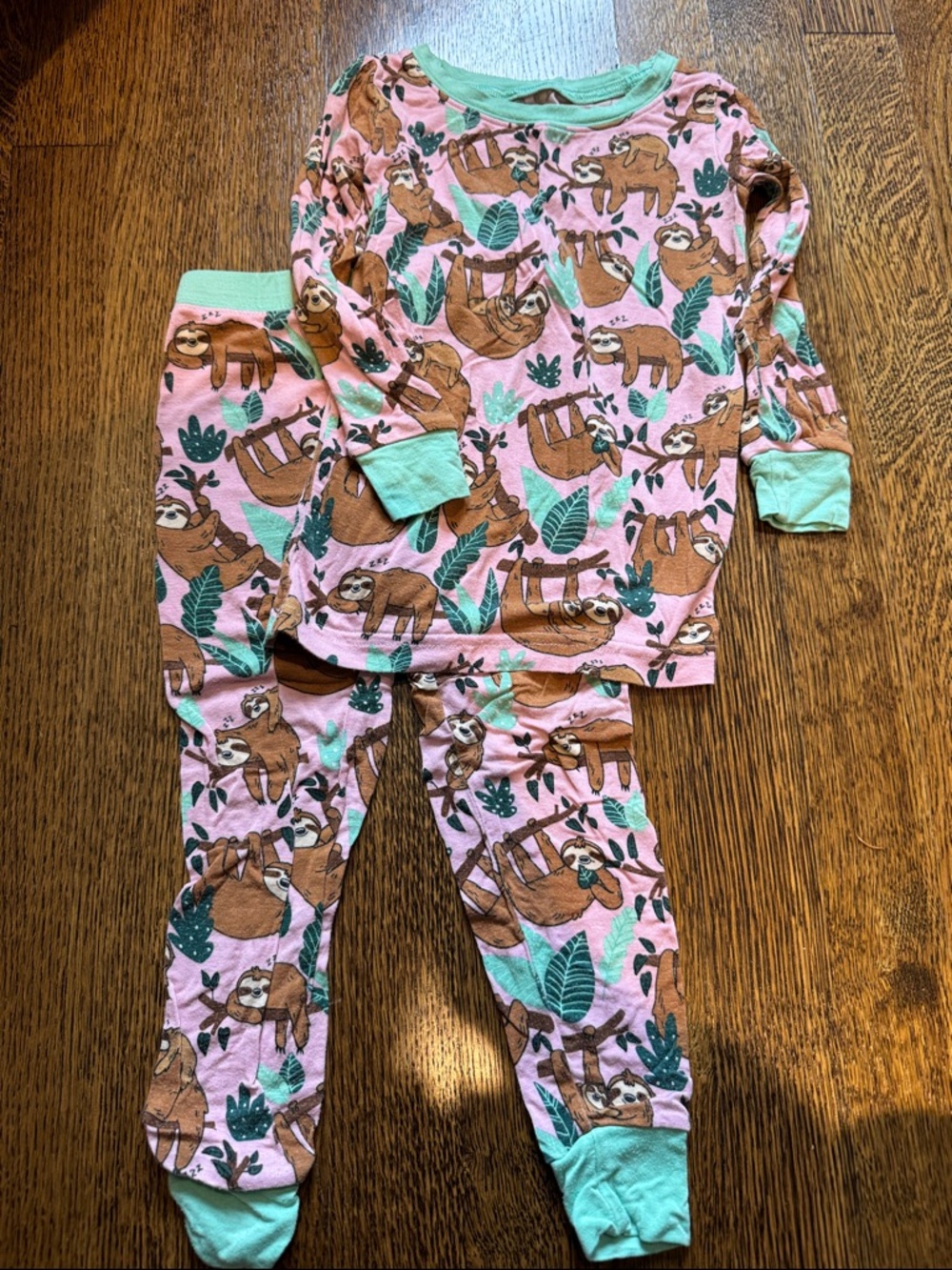 Little Sleepies Pink Sloth Pajama Set with Mint Trim